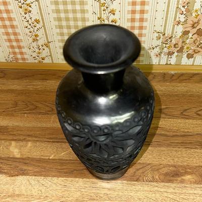 21 DONA ROSA OAXACA BLACK POTTERY VASE 8" PIERCED FLOWER DESIGN