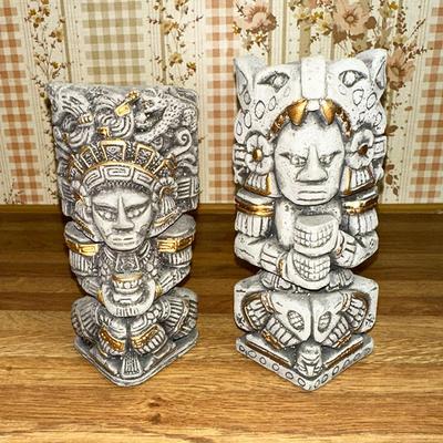 27 PAIR AZTEC MAYAN CARVED FIGURES GOLD ACCENT 6" TALL BOOKENDS