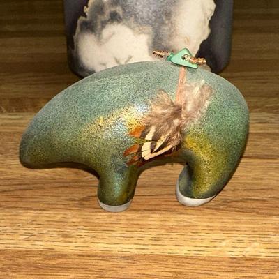 28 LOT 3 PIECES ART POTTERY VASES BEAR FEATHER BEAD DECORATION TAJA