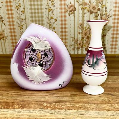 31 ART POTTERY VASES PILLOW SHAPE W/DREAM CATCHER & BUD VASE HAND PAINTED