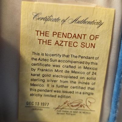 Franklin Mint Pendant Of The Aztec Sun Certification