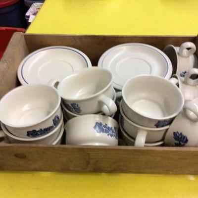 13 Pfaltzgraff Cups And Saucers and Wood Box