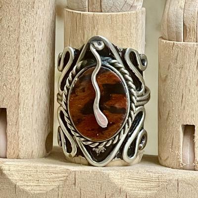 36 ARTISAN SILVER ADJUSTABLE AGATE RING NOT MARKED