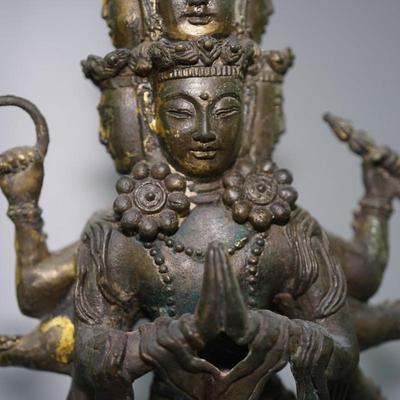 ANTIQUE BRONZE / GOLD/ TIBETIAN BUDDA SCULPTURE "AVALOKITESHVARA BODHISATTVA" - SIGNED ON BASE