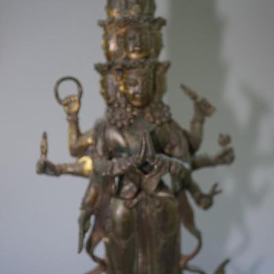 ANTIQUE BRONZE / GOLD/ TIBETIAN BUDDA SCULPTURE "AVALOKITESHVARA BODHISATTVA" - SIGNED ON BASE