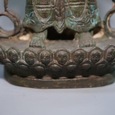 ANTIQUE BRONZE / GOLD/ TIBETIAN BUDDA SCULPTURE "AVALOKITESHVARA BODHISATTVA" - SIGNED ON BASE