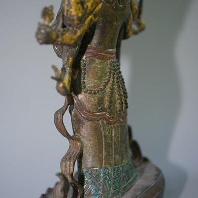 ANTIQUE BRONZE / GOLD/ TIBETIAN BUDDA SCULPTURE "AVALOKITESHVARA BODHISATTVA" - SIGNED ON BASE