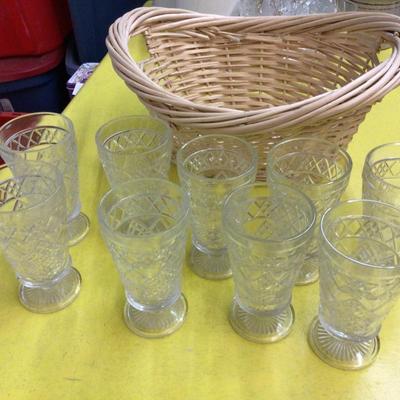 9 Cut Glass Matching Glass with Wicker Basket