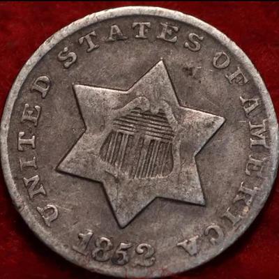 1852 Philadelphia Mint Silver Three Cent Coin