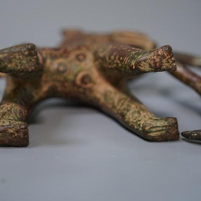 BRONZE STANDING DOGS /EMBOSSED CIRCLES/ FRONT TEETH PAWS AND TAILS. UNIQUE SCULPTURES