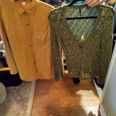 Yellow button up long sleeve top and green crochet long sleeve cardigan