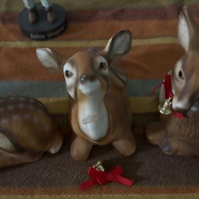 Vintage Trio Of Brown Spotted Sitting Deer Wearing Red Bows and Bells