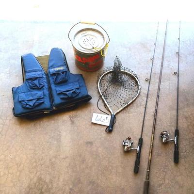 ADULT LIFE VEST, MINNOW BUCKET, NET AND RODS W/REELS
