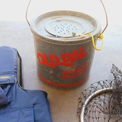 ADULT LIFE VEST, MINNOW BUCKET, NET AND RODS W/REELS
