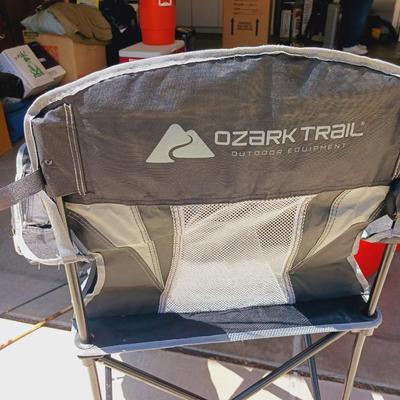 OZARK TRAIL FOLDING CHAIR, 2 FISHING POLES AND A COOLER