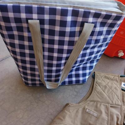 FISHING VEST & POLES, COOLER BAG AND BEVERAGE COOLER