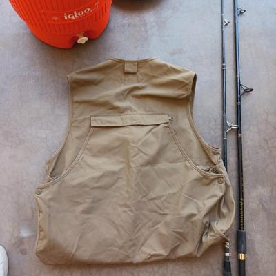 FISHING VEST & POLES, COOLER BAG AND BEVERAGE COOLER