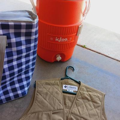 FISHING VEST & POLES, COOLER BAG AND BEVERAGE COOLER