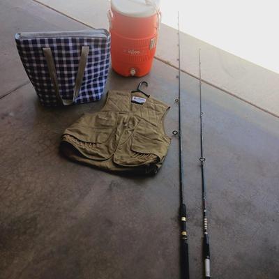 FISHING VEST & POLES, COOLER BAG AND BEVERAGE COOLER