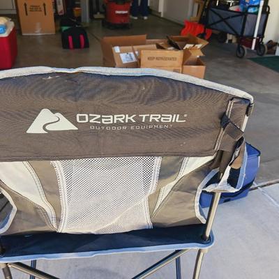 OZARK TRAIL FOLDING CHAIR, 2 COOLERS, FISHING POLES AND NET