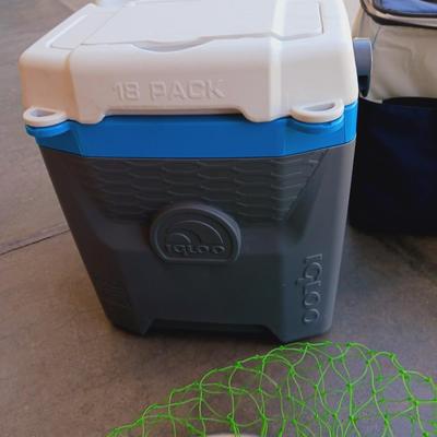 OZARK TRAIL FOLDING CHAIR, 2 COOLERS, FISHING POLES AND NET