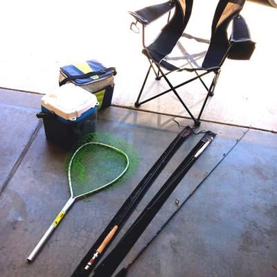 OZARK TRAIL FOLDING CHAIR, 2 COOLERS, FISHING POLES AND NET