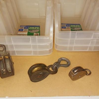 OLD PULLEYS, STACKING BINS, CHISELS AND AWLS