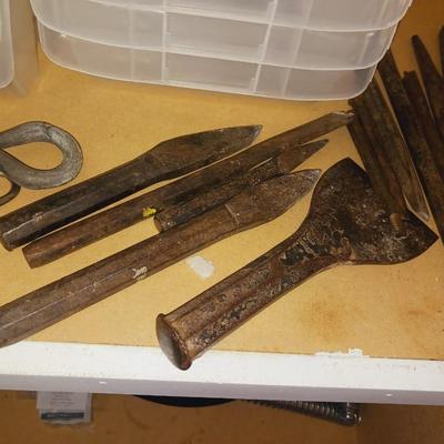 OLD PULLEYS, STACKING BINS, CHISELS AND AWLS