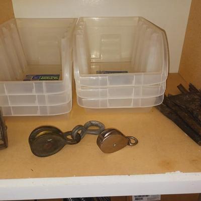 OLD PULLEYS, STACKING BINS, CHISELS AND AWLS