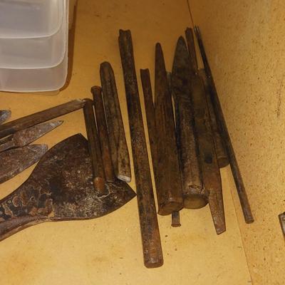 OLD PULLEYS, STACKING BINS, CHISELS AND AWLS