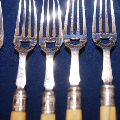 HISTORIC 1860'S SILVER & BONE HANDLED FISH SERVING SET FOR SIX /IN MAHOGANY PRESENTATION BOX