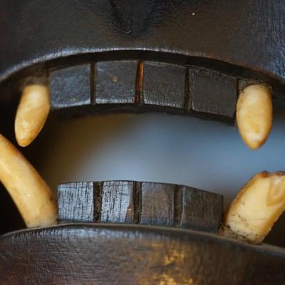 CHINESE RITUAL MASKS OF CARVED WOOD BLACK EBONY FINISH TEETH