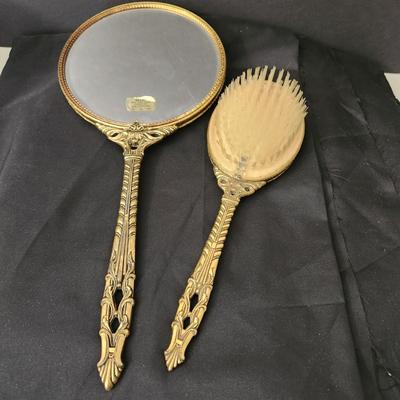 Vintage Globe 24Kt Gold Plated Hand Mirror & Hair Brush