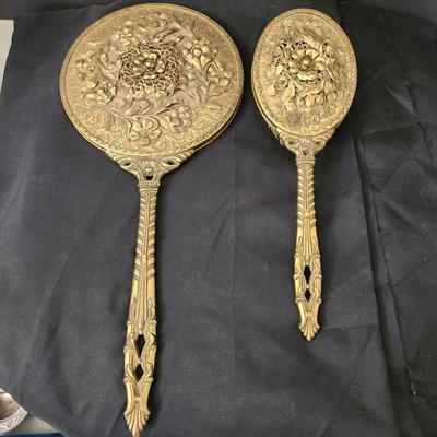 Vintage Globe 24Kt Gold Plated Hand Mirror & Hair Brush