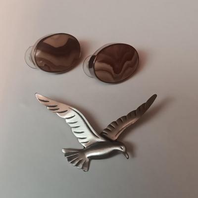 STERLING SILVER BIRD PIN AND BROWN STONE STERLING EARRINGS