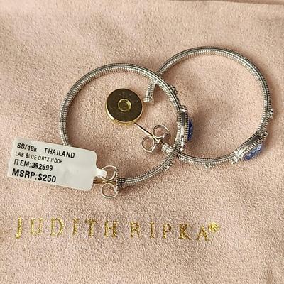 Judith Ripka Sterling Silver 18 K Gold Blue Quartz Large Hoop Earrings