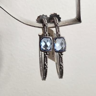 Judith Ripka Sterling Silver 18 K Gold Blue Quartz Large Hoop Earrings