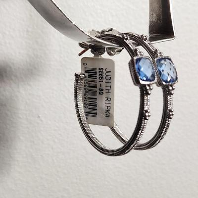Judith Ripka Sterling Silver 18 K Gold Blue Quartz Large Hoop Earrings