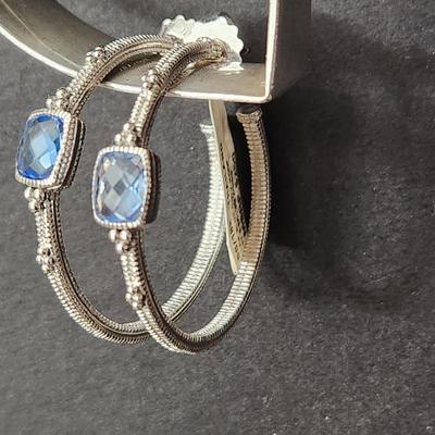 Judith Ripka Sterling Silver 18 K Gold Blue Quartz Large Hoop Earrings