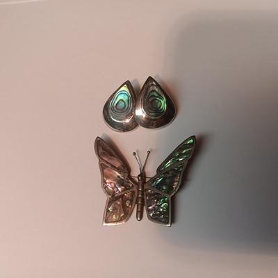 STERLING SILVER AND ABALONE BUTTERFLY PIN AND PIERCED EARRINGS