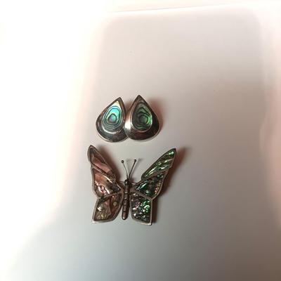 STERLING SILVER AND ABALONE BUTTERFLY PIN AND PIERCED EARRINGS