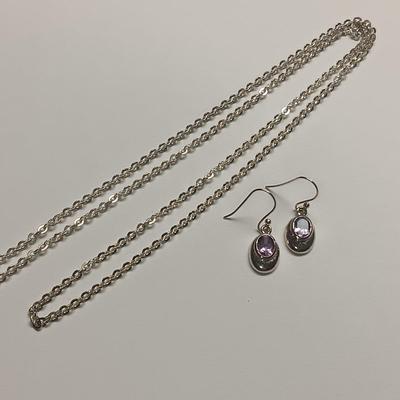 STERLING SILVER CHAIN AND EARRINGS W/PURPLE STONE