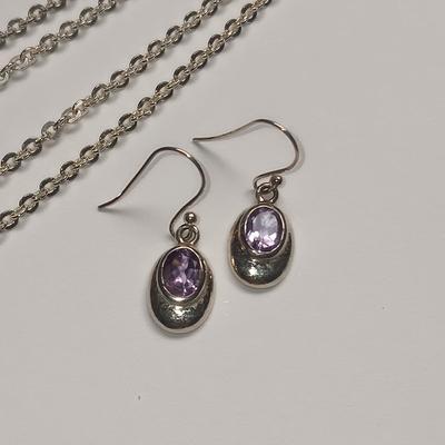 STERLING SILVER CHAIN AND EARRINGS W/PURPLE STONE