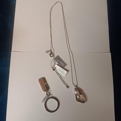 NEW CHICO'S SMOKEY GLASS PENDANT ON CHAIN AND A NEW KEYCHAIN
