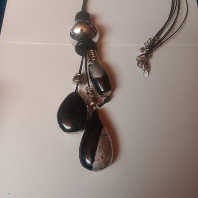CHICO'S SILVER AND BLACK CORDED NECKLACE