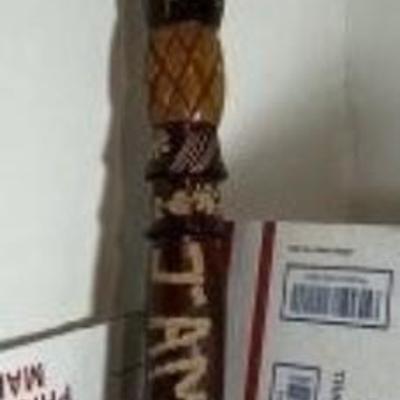 VINTAGE HAND CARVED JAMAICAN FOLK ART WALKING CANE/STICK, 45" TALL PEREOWNED IN VG CONDITION.
