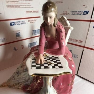 Vintage Ganci Carmelo Signed Ceramic Figurine of a Lady Playing Checkers Italy - 1950-1959 (Size 12" x 13") Preowned from an...