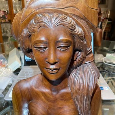 Vintage Balinese Wooden Girl Bust Carving 12.5" Tall in Good Preowned Condition. Very Heavy.