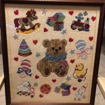 Vintage Elizabeth Bradley Teddy Bear Needlepoint Framed 18.5" x 21.5" in Vg Condition