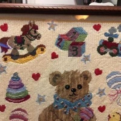 Vintage Elizabeth Bradley Teddy Bear Needlepoint Framed 18.5" x 21.5" in Vg Condition